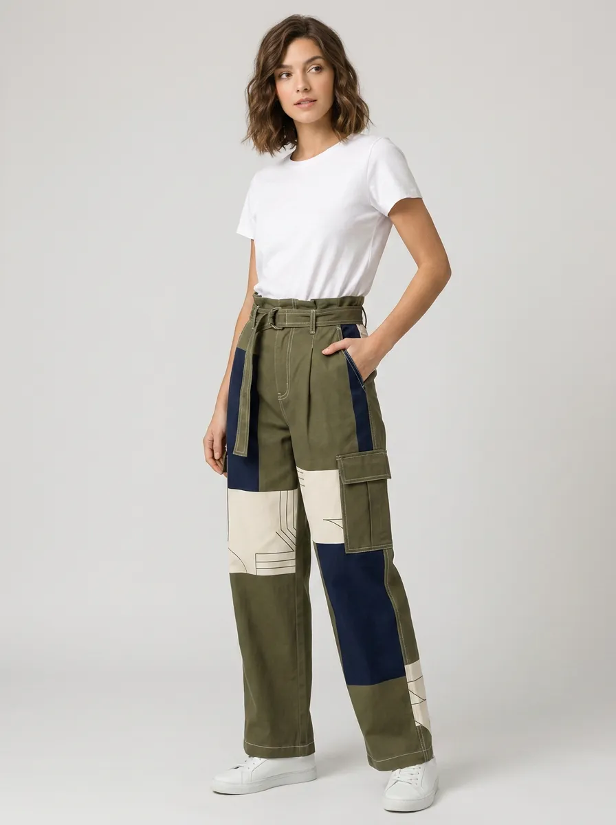 Women's Casual Fashion Colorblock Geometric Printed Cargo Pants Set