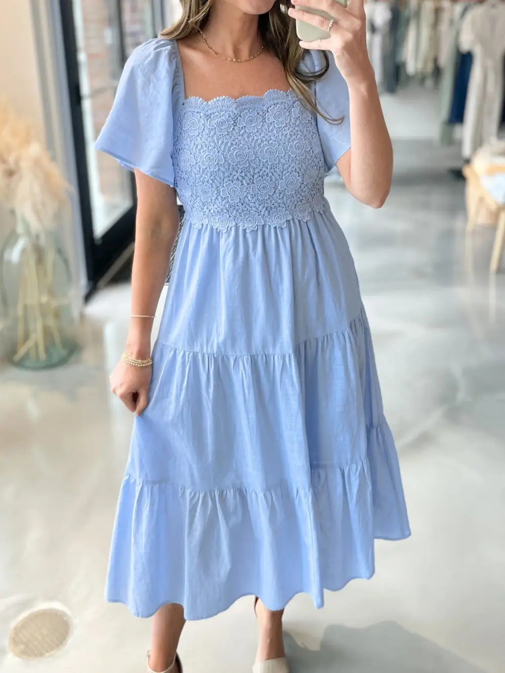 Lace Tiered Short Sleeve Midi Dress