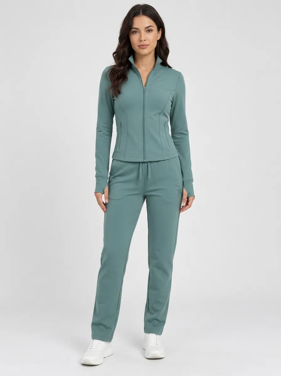 Women's Floral Rose Embroidered Teal Zip-up Tracksuit Set