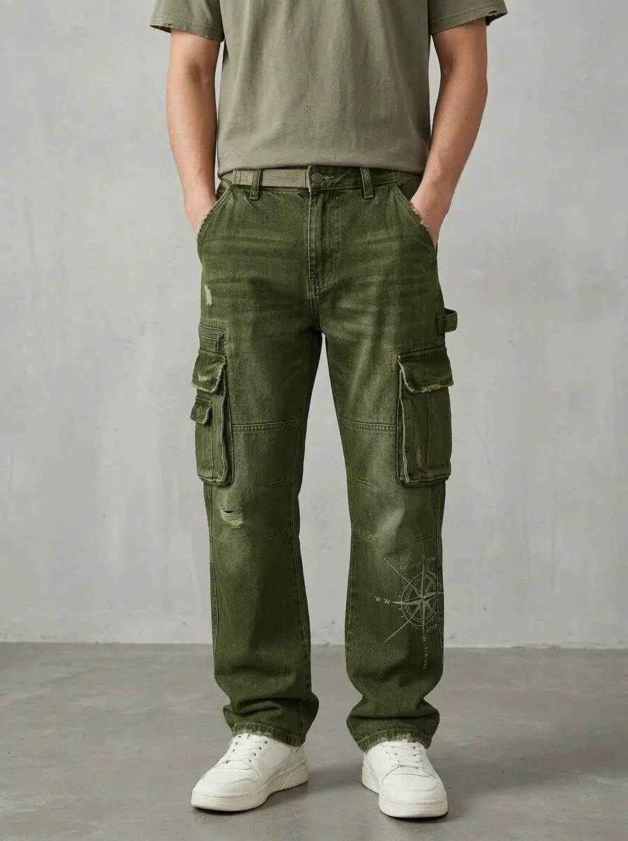 Men's Vintage Compass Printed Distressed Denim Cargo Jeans