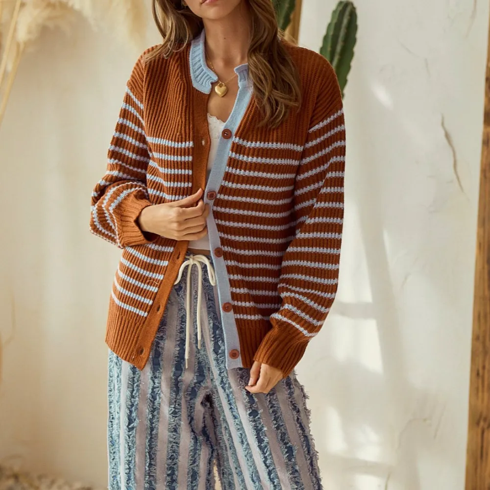 Ribbed Button Front Striped Cardigan