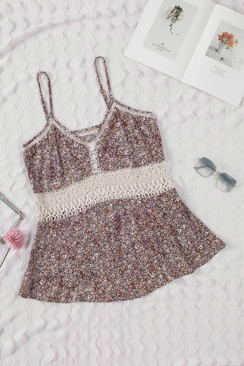 V-Neck Spaghetti-Strap Lace Floral-Print Tank Top