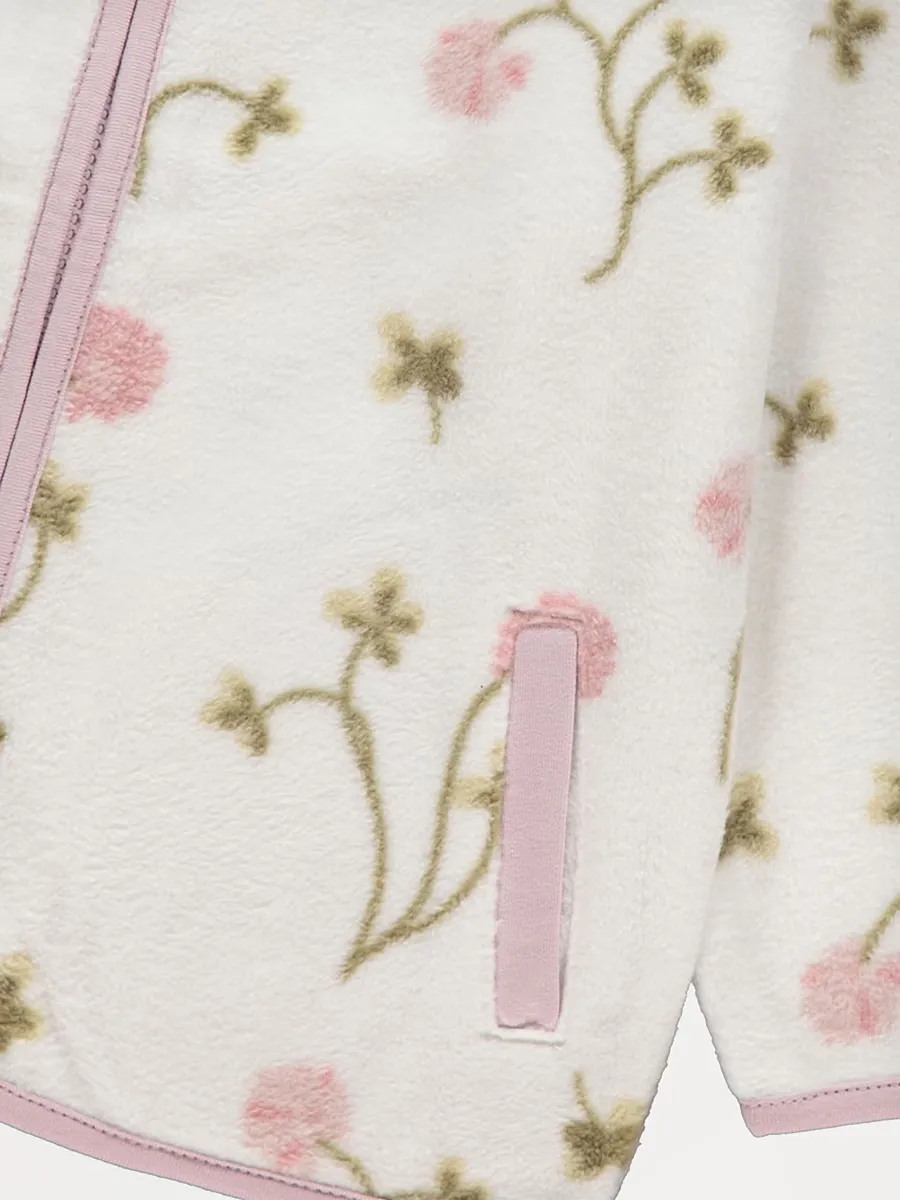 Cream Flower Zip Up Fleece Jacket