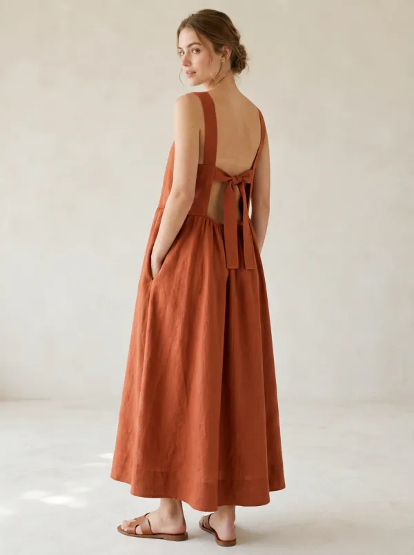 Women's Free-Flowing Casual Tie-Strap Linen Backless Dress