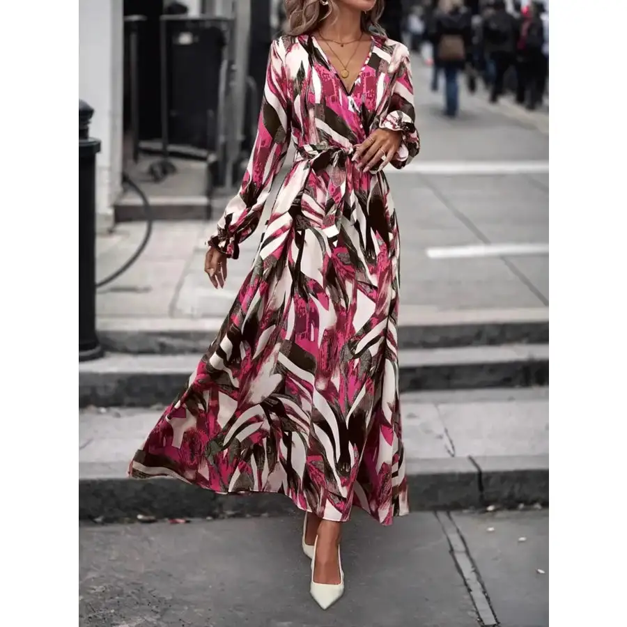Printed Surplice Long Sleeve Maxi Dress
