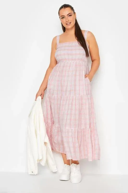 Pink Check Print Shirred Strappy Sundress