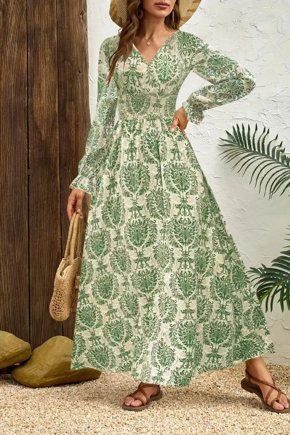 Printed V Neck Long Sleeve Maxi Dress