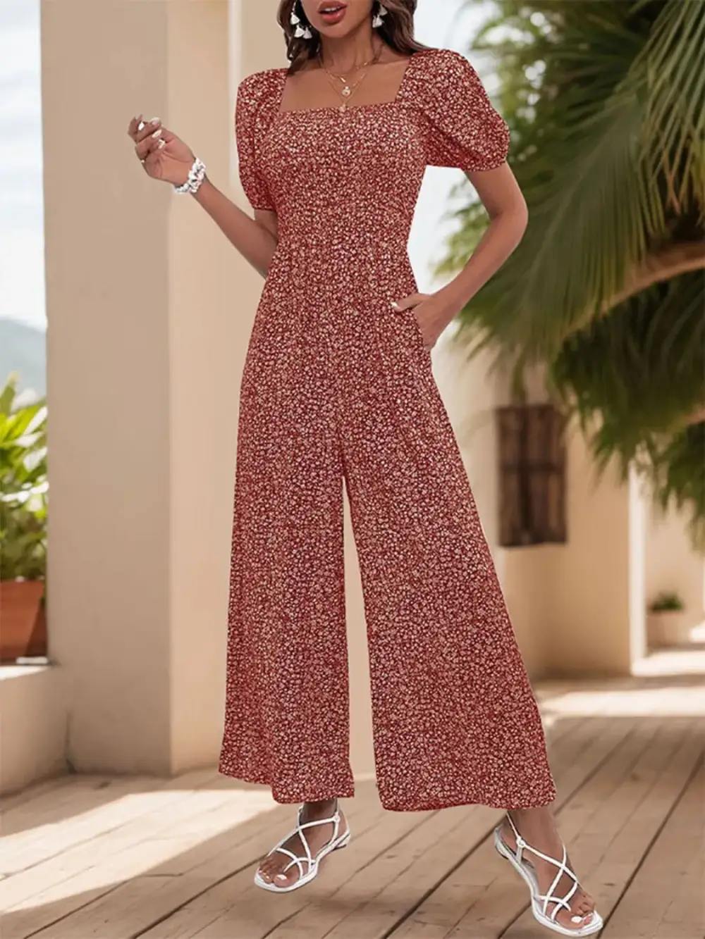 Square Neck Puff Sleeve Jumpsuit Relaxed