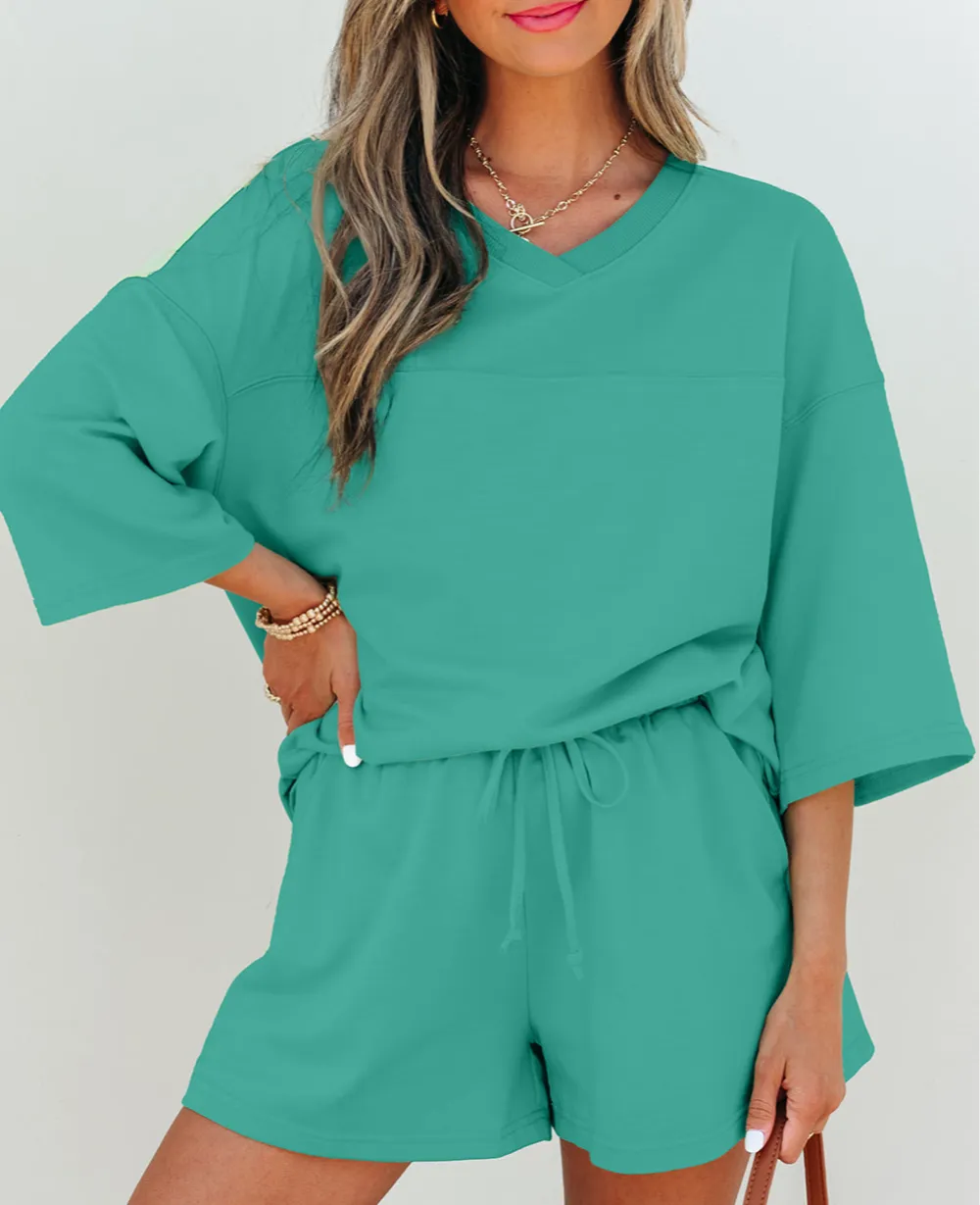 Women's Solid Loose V Neck Half Sleeve Tee and Shorts