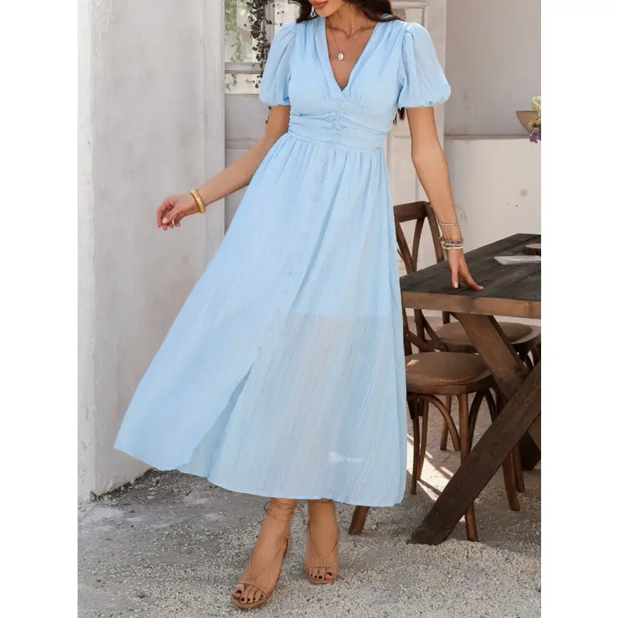 V-Neck Puff Short Sleeve Midi Dress