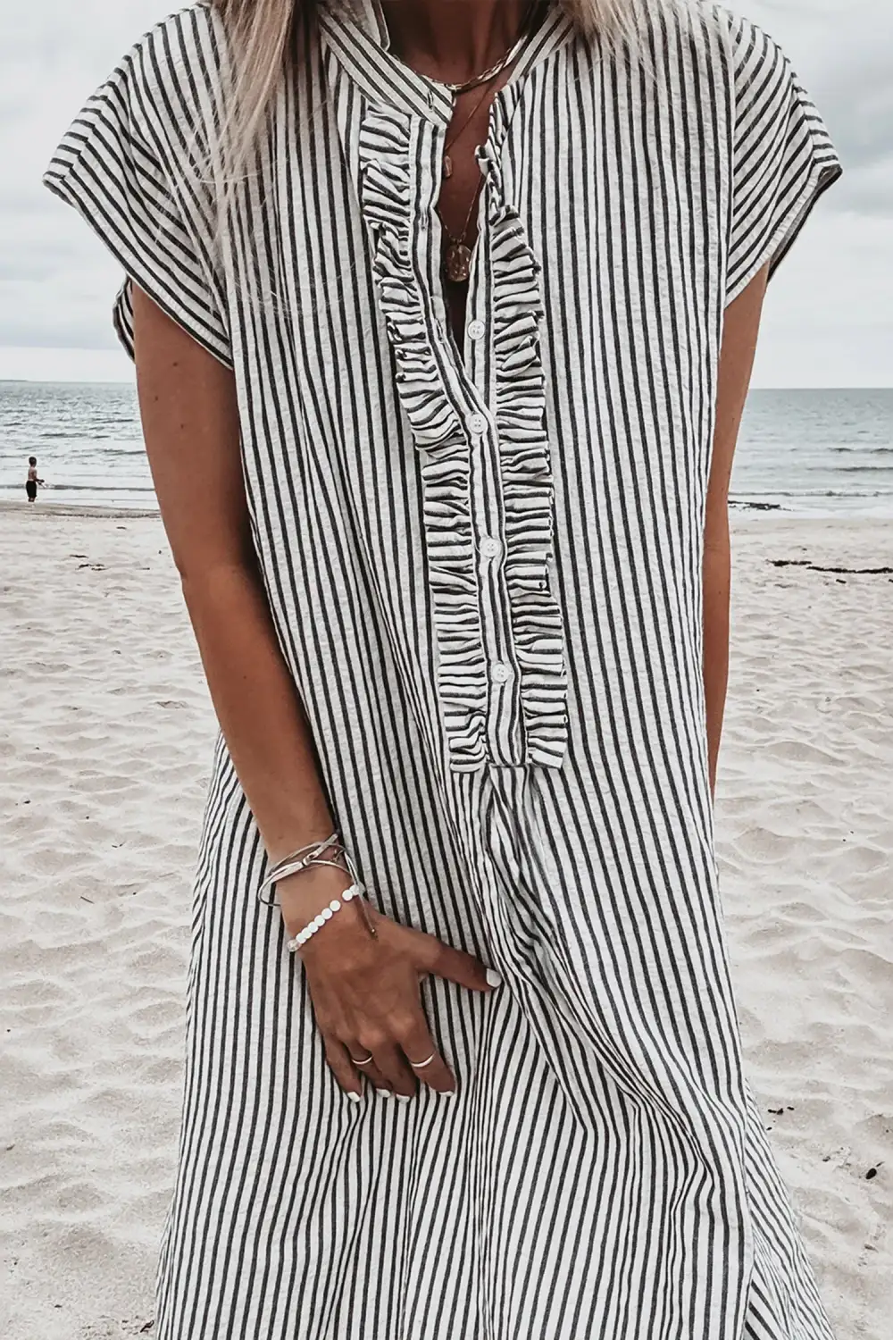 Striped Half Button Ruffle Dress Casual