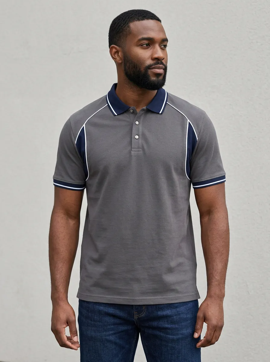 Men's Casual Sporty Contrast Panel Printed Polo Shirt
