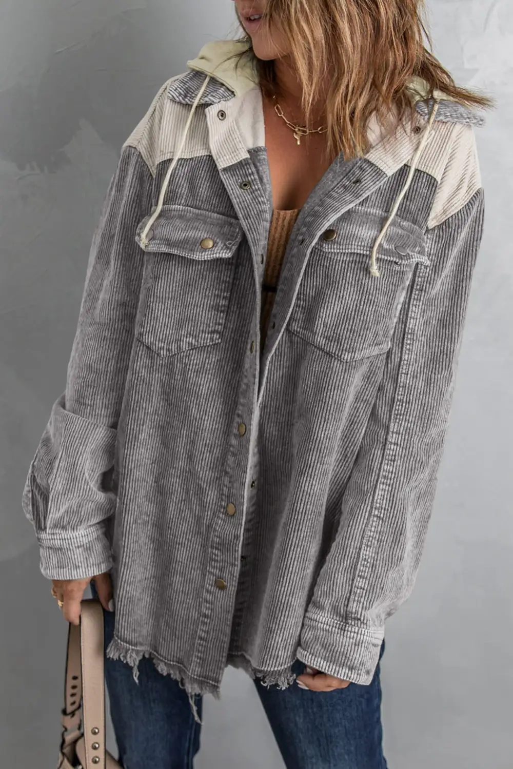 Women's Colorblock Button Down Hooded Corduroy Jacket