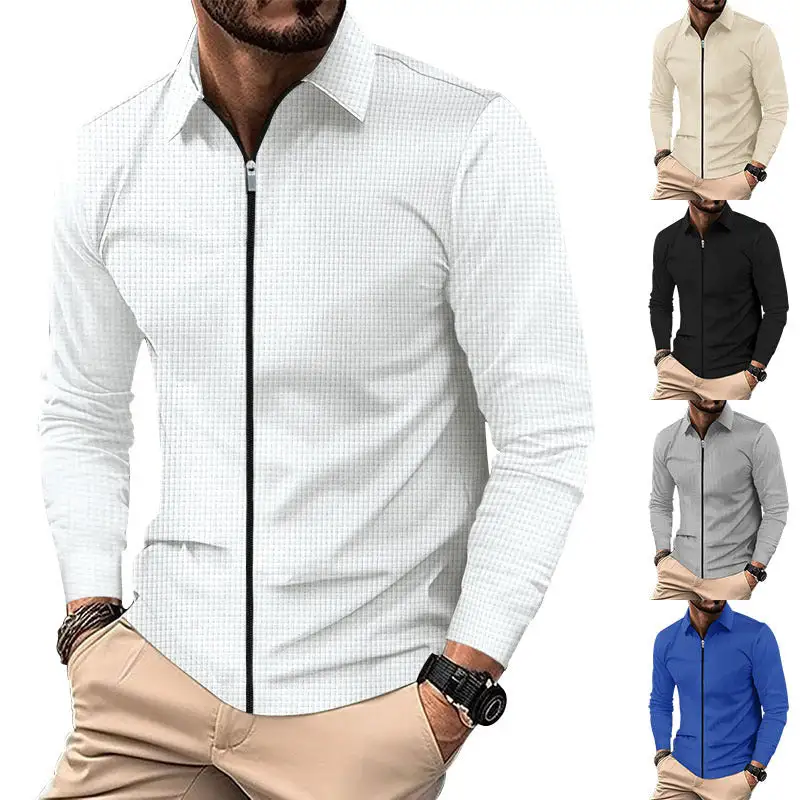 Waffle Texture Long Sleeve Fine Knit Polo Shirt