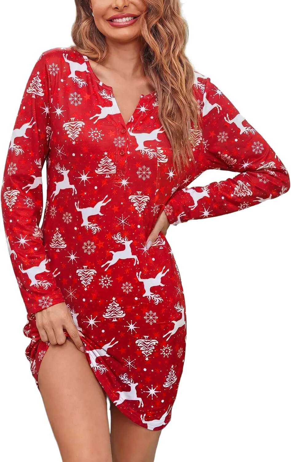 Ekouaer Women's Nightgowns Long Sleeve Button Down V Neck Pajama Dress