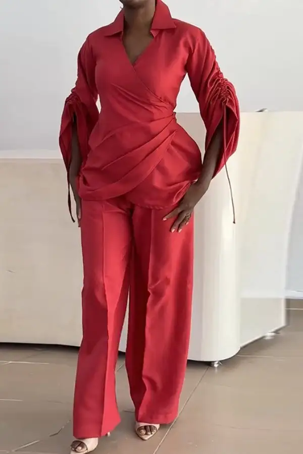 Red-Up V-Neck Long Sleeve Pant Set