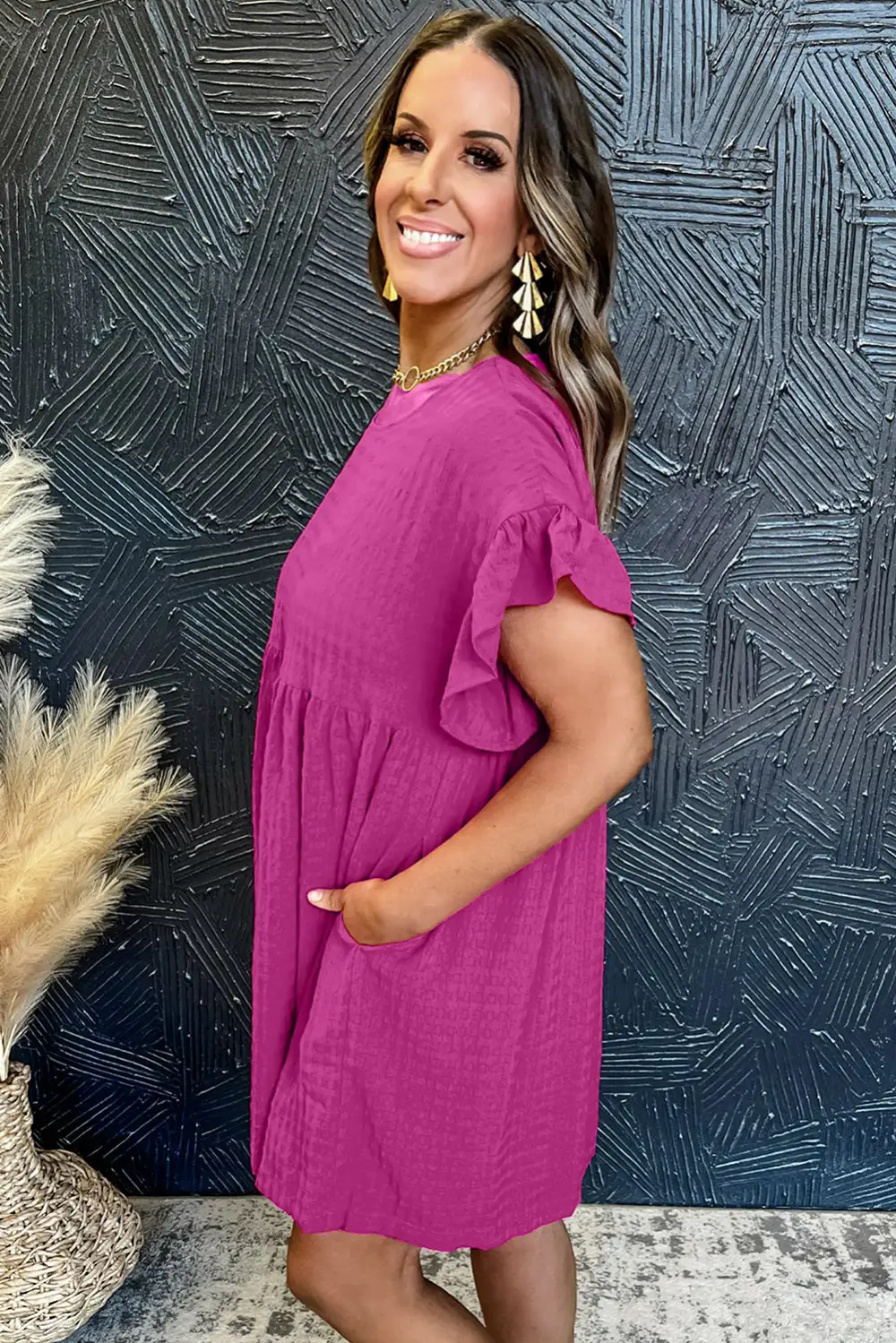 Textured Ruffled Short Sleeve Mini Dress