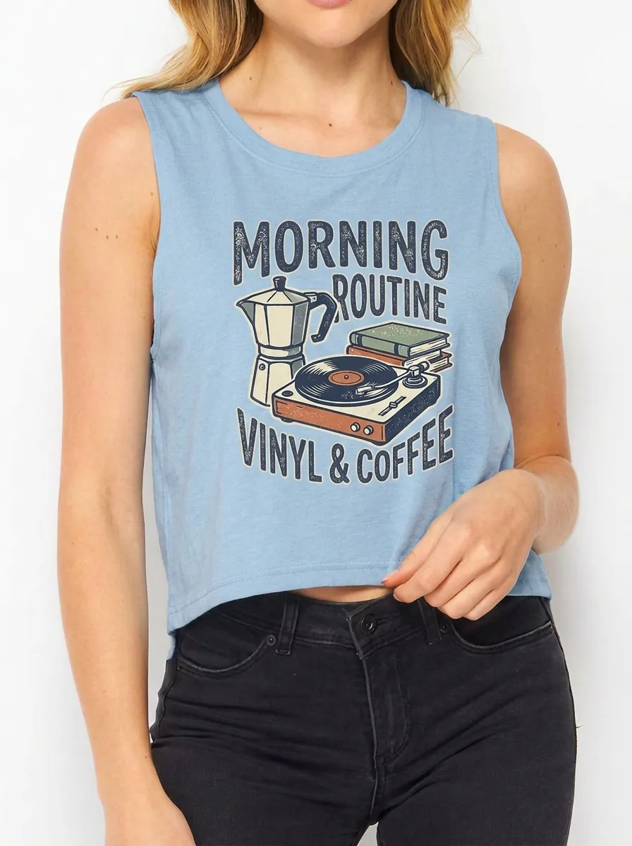 Women's Coffee Vinyl Record Lover Morning Routine Printed Tank Top