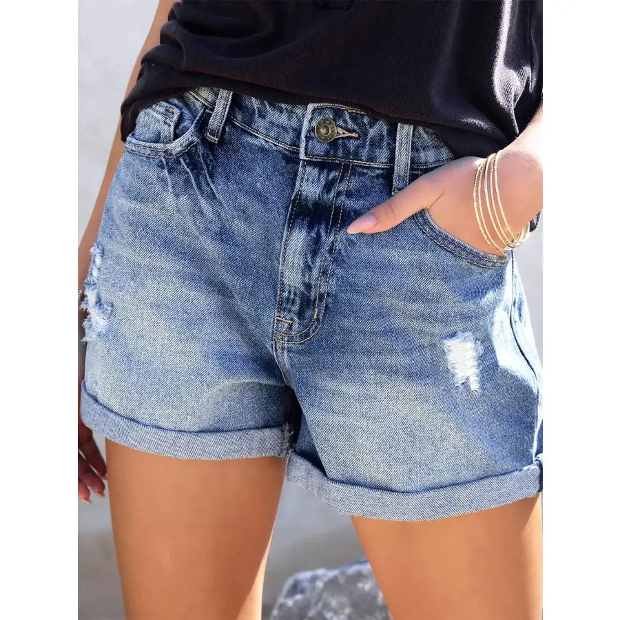 Distressed Pocketed Washed Denim Shorts
