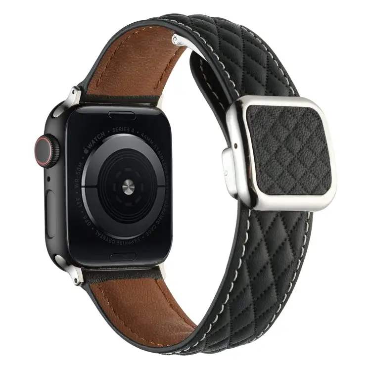 Rhombus Pattern Magnetic Square Buckle Leather Watch Band for Watch Series 7 45 mm - Black