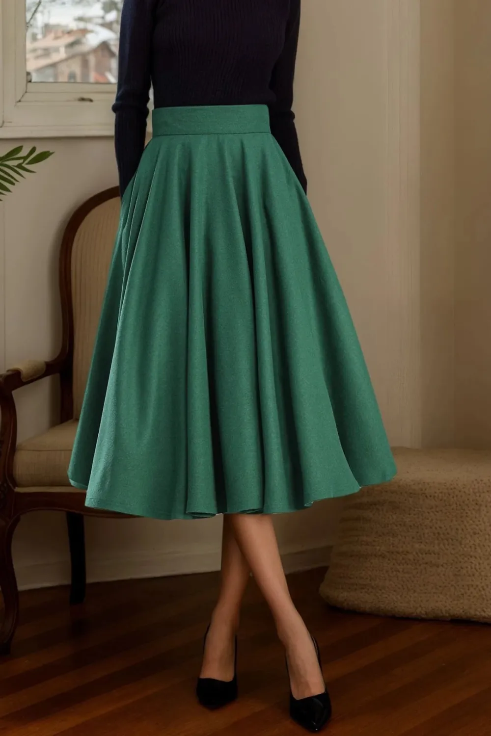 Artful Wool Blend Pleated Circle High Waist Midi Skirt