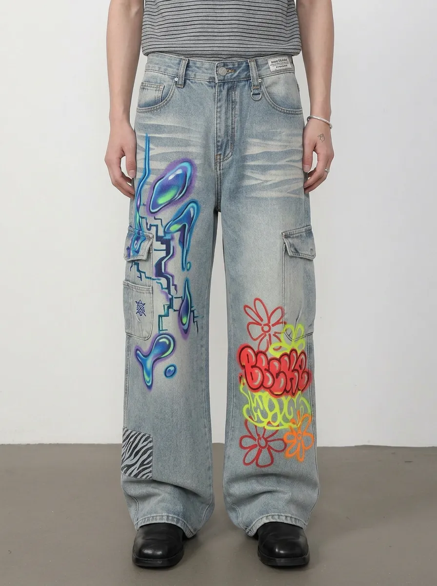 Men's Streetwear Graffiti Flower Liquid Graphic Cargo Jeans