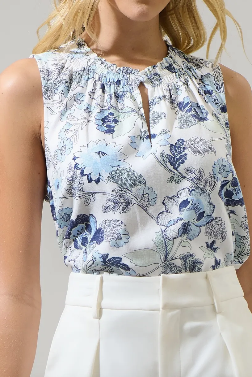 Blue Floral Smock Neck Sleeveless Top