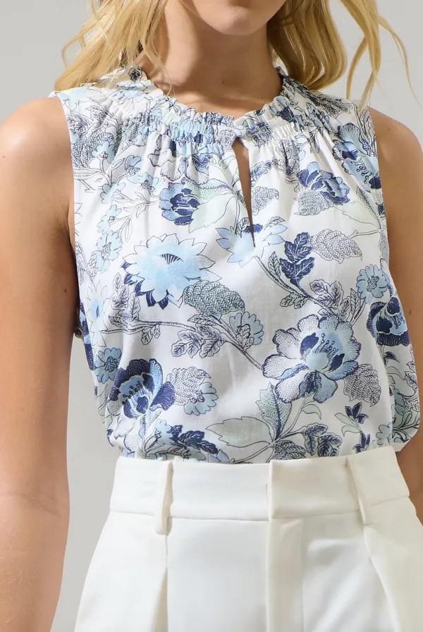 Blue Floral Smock Neck Sleeveless Top