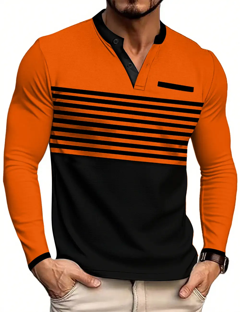 Striped Stand Collar Long Sleeve Polo Shirt
