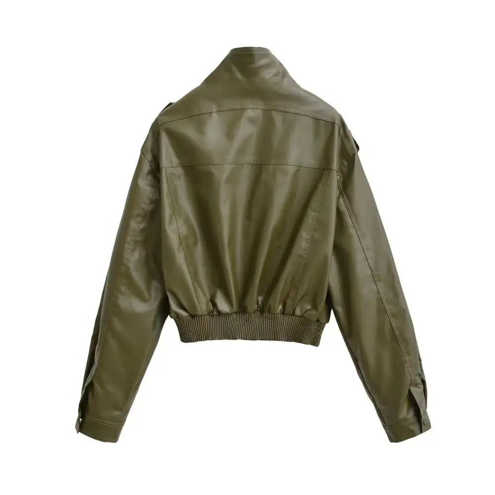 Cropped Tailored Stand Collar Ribbed Trim Bomber Jacket