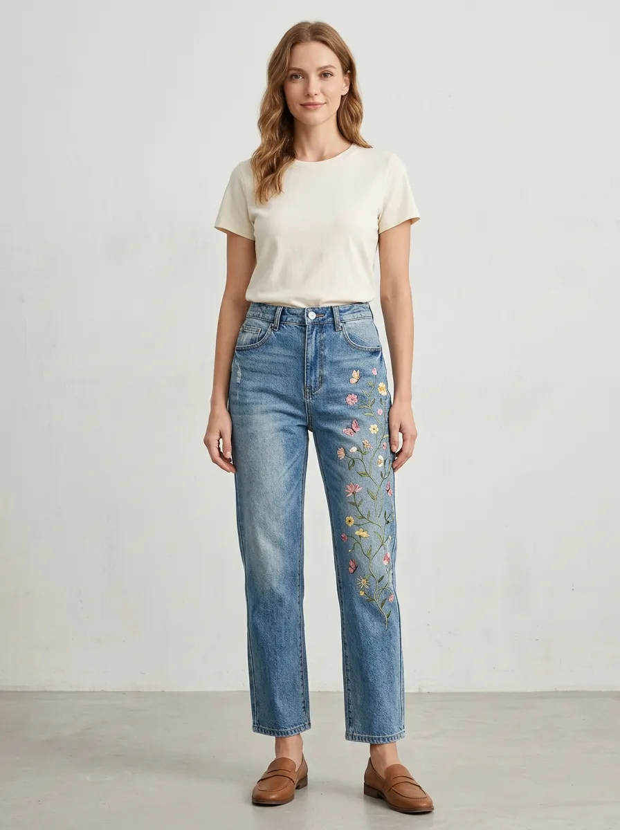 Women's Floral Butterfly Nature Embroidered Straight Leg Jeans