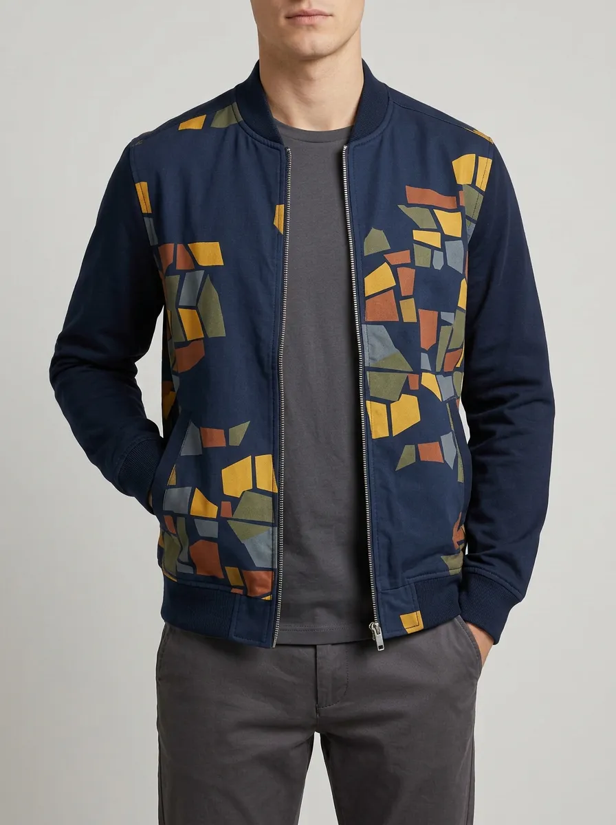 Mosaic Print Ribbed Trim Bomber Jacket