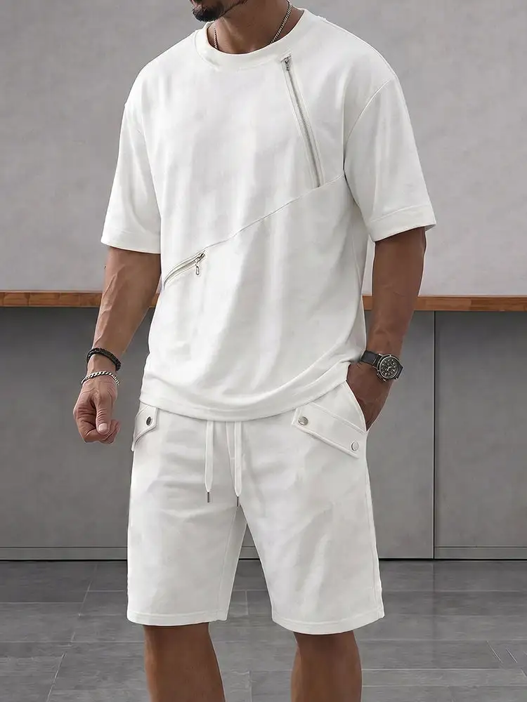 Athleisure Zipper Accent T-Shirt Shorts Set