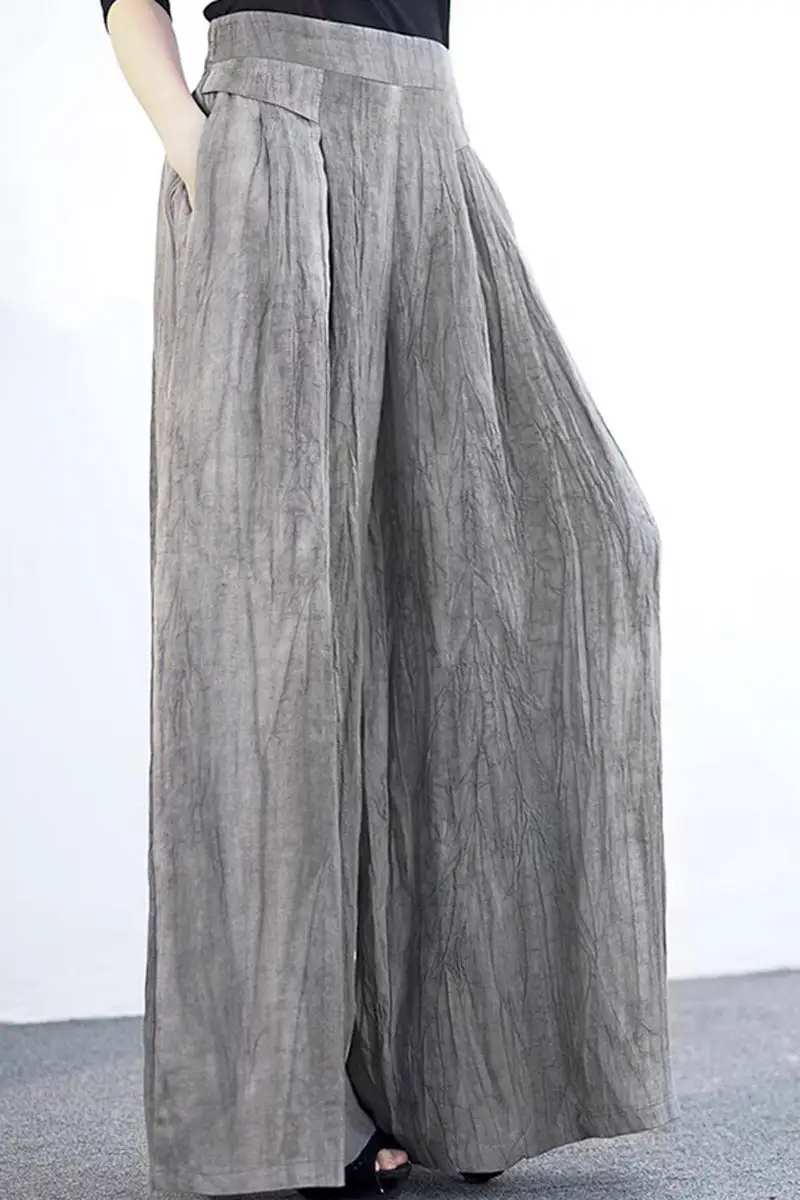 Linen Blend Wide Leg High Waist Pocketed Trousers