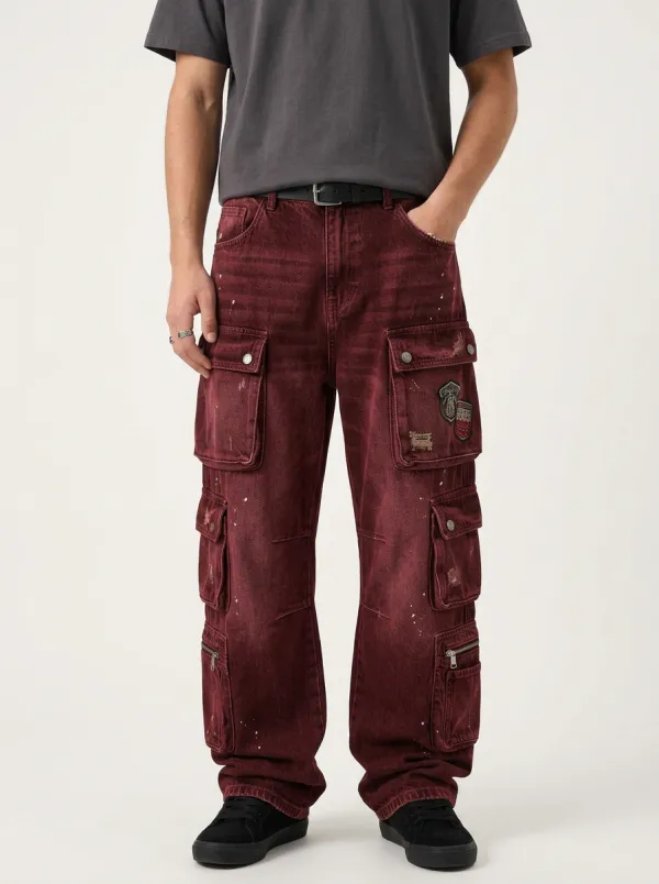 Men's Washed Black Multi-Pocket Cargo Cargo Pants