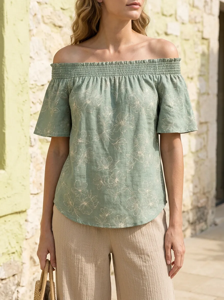 Women's Sage Green Floral Outline Printed Off-Shoulder Top