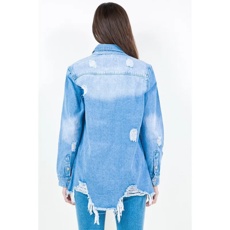 Frayed Hem Distressed Denim Shirt Jacket