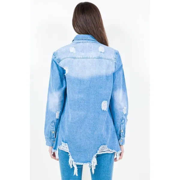 Frayed Hem Distressed Denim Shirt Jacket