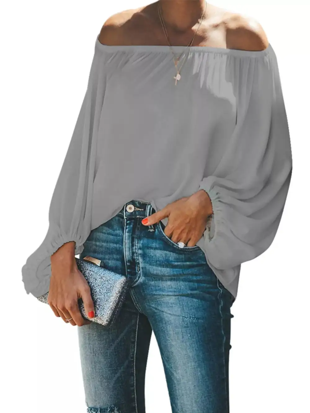 Shoulder Balloon Sleeve Blouse Plus