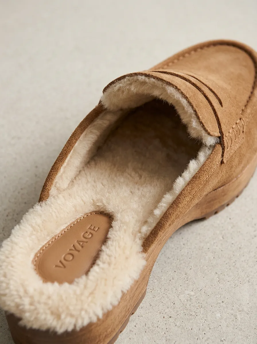 Women's Faux Fur Lined Clog Style Casual Suede Wood Sole Loafers