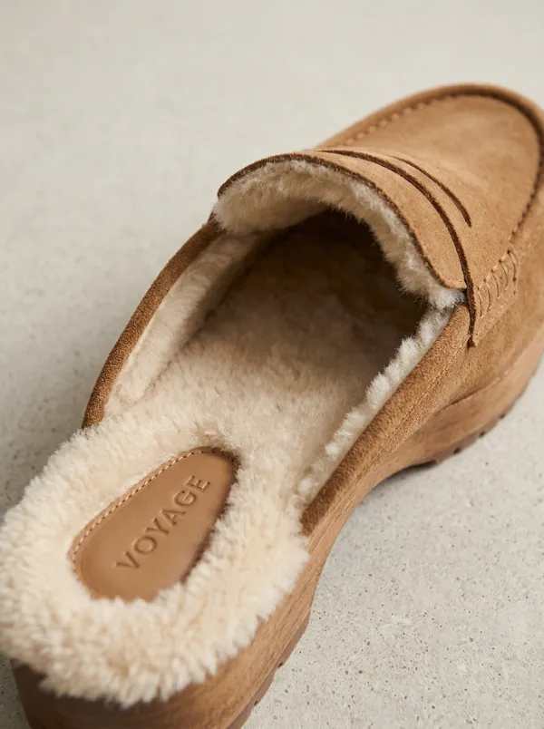 Women's Faux Fur Lined Clog Style Casual Suede Wood Sole Loafers