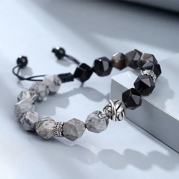 Natural Irregular Cut Obsidian Jasper Sterling Silver Bracelet