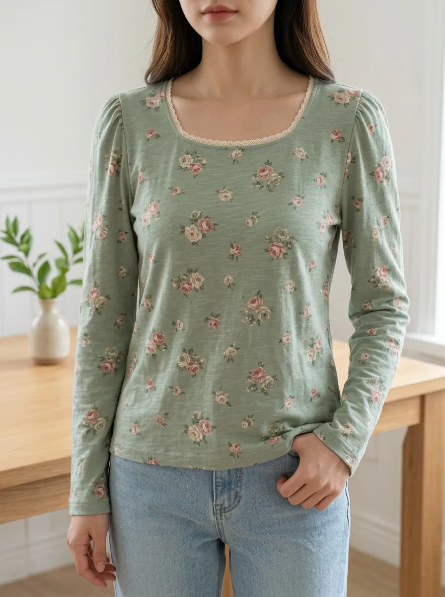 Women's Sweet Style Sage Green Floral Lace Trim Printed Long Sleeve Top