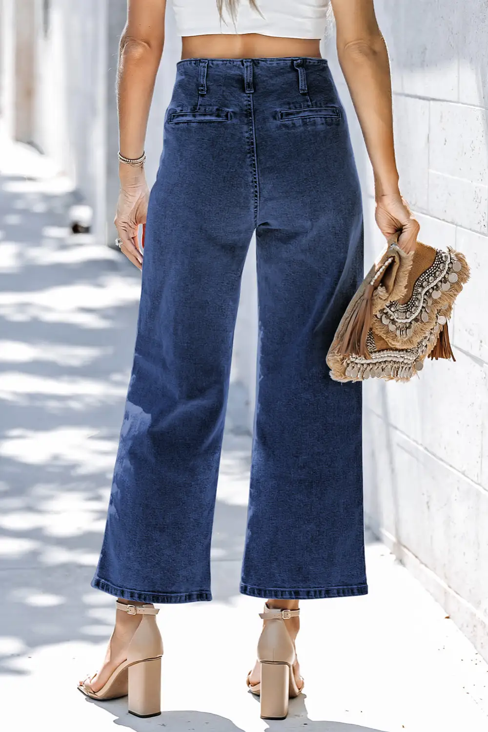 Women's High Waist Button Front Wide Leg Cropped Jeans