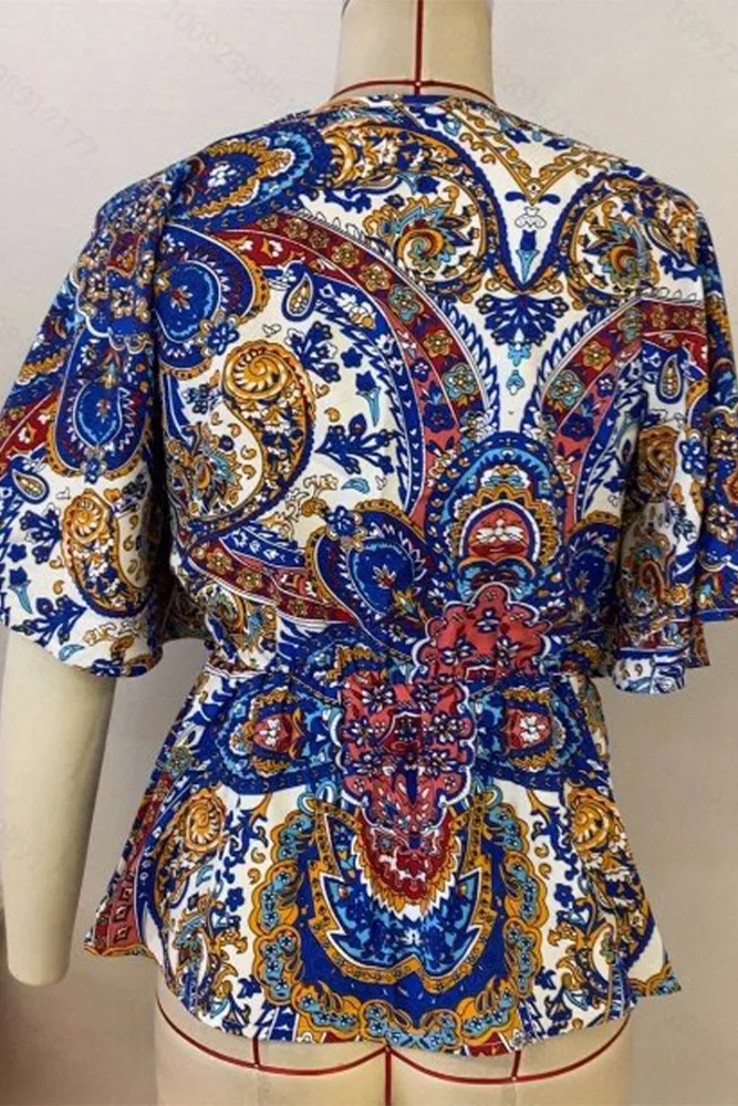 V Neck Elastic Waist Printed Blouse