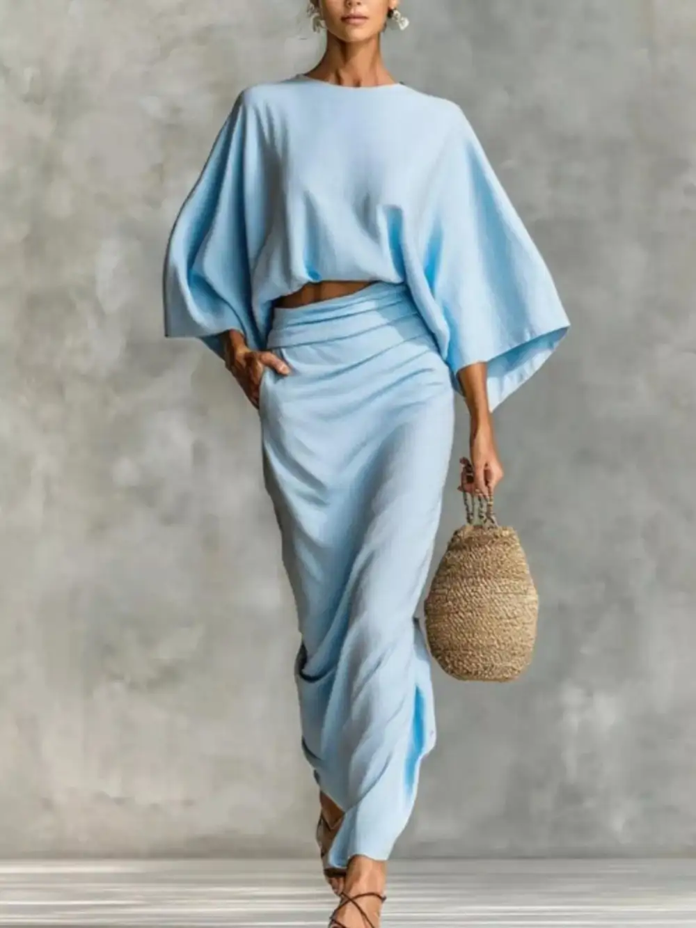 Kimono Sleeve Top and Ruched Skirt Set