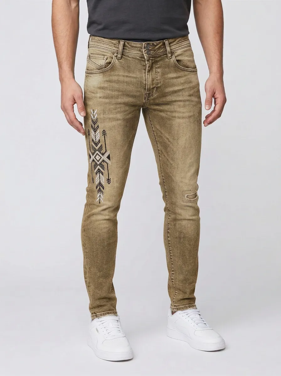 Men's Tribal Geometric Pattern Embroidered Slim-Fit Jeans