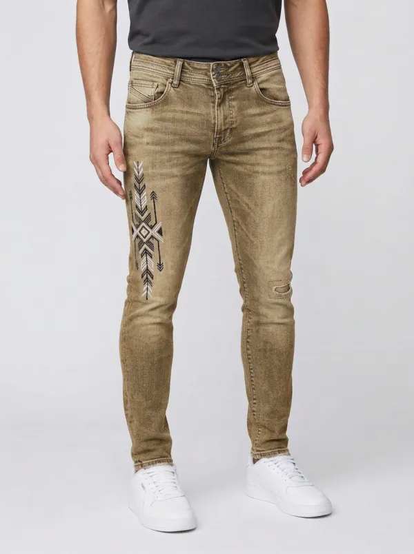 Men's Tribal Geometric Pattern Embroidered Slim-Fit Jeans