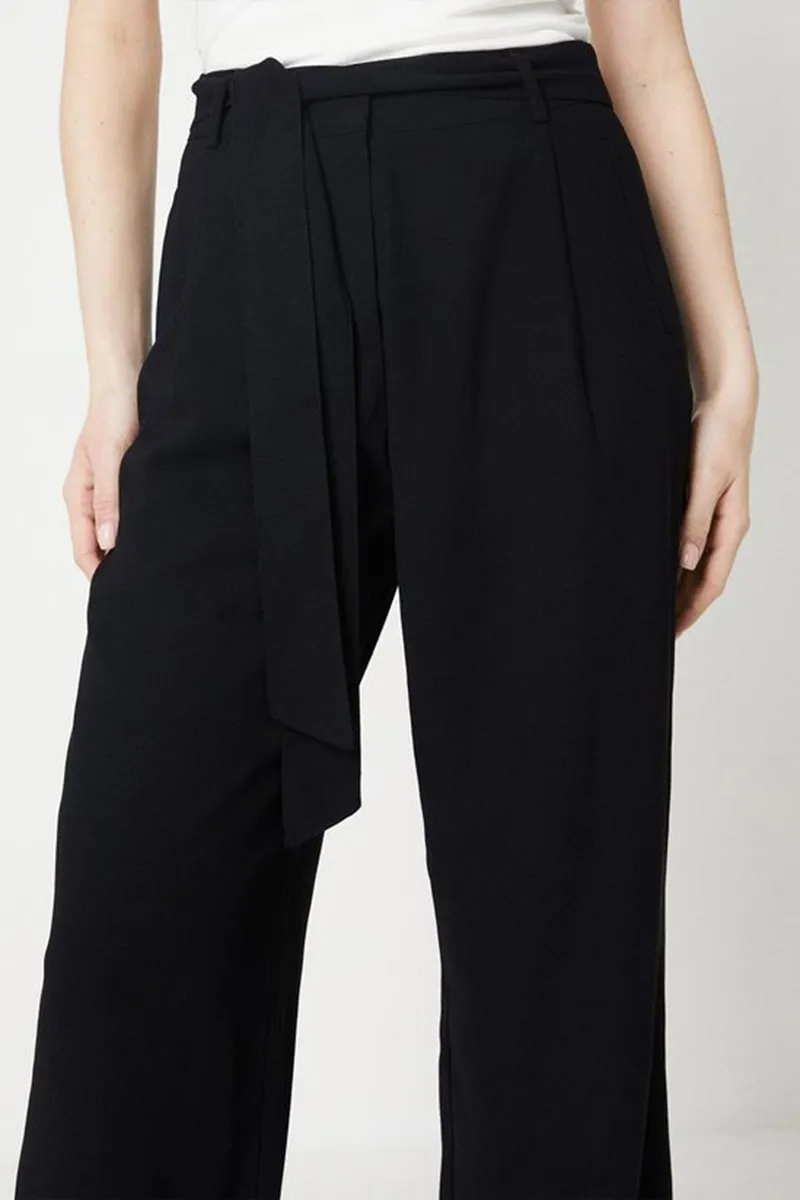 Casual Style Belted Wide Leg Black Trouser