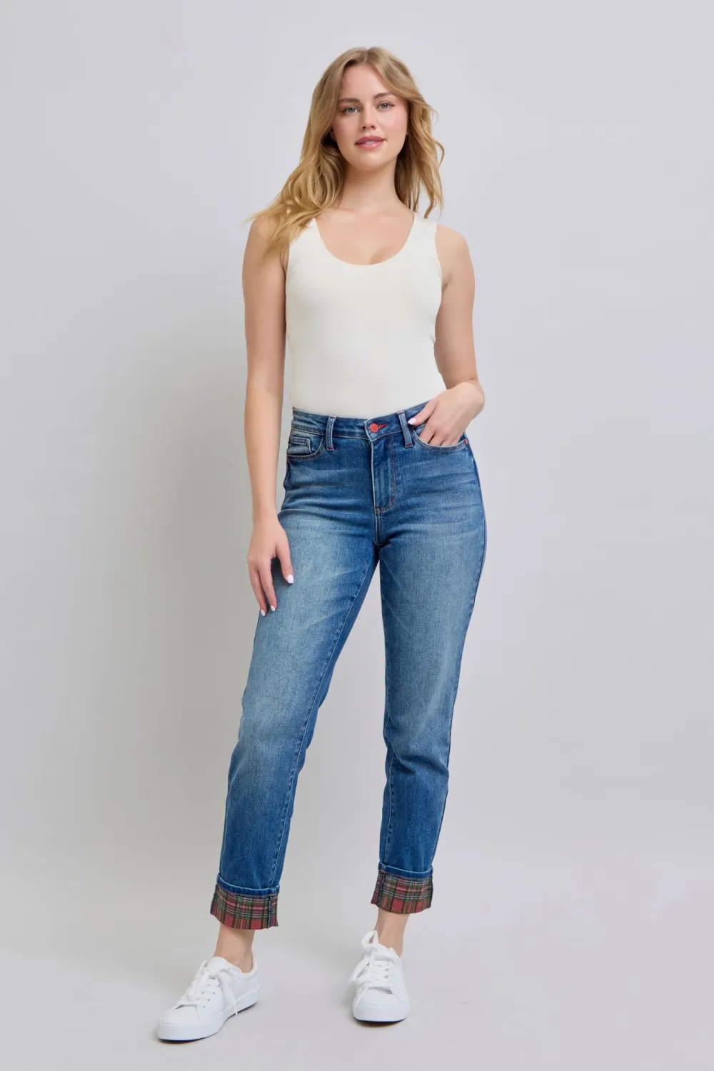 Plaid Print Cuff Straight Leg Pocket Denim Jeans